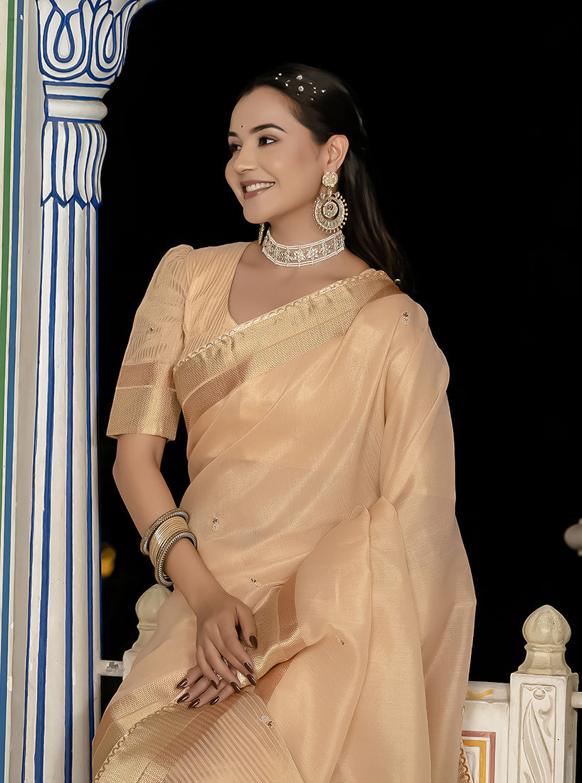 Light Peach Tissue Linen Saree with Khatli Hand Work