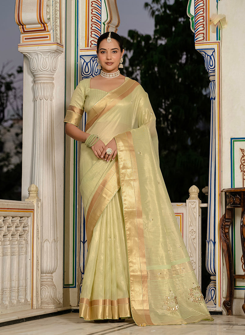 Light Green Tissue Linen designer saree with traditional Khatli hand embroidery