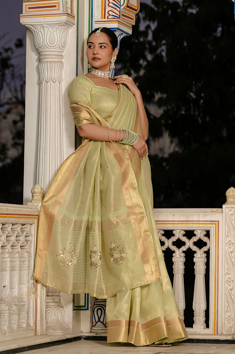 Light Green Tissue Linen Saree with Khatli Hand Work
