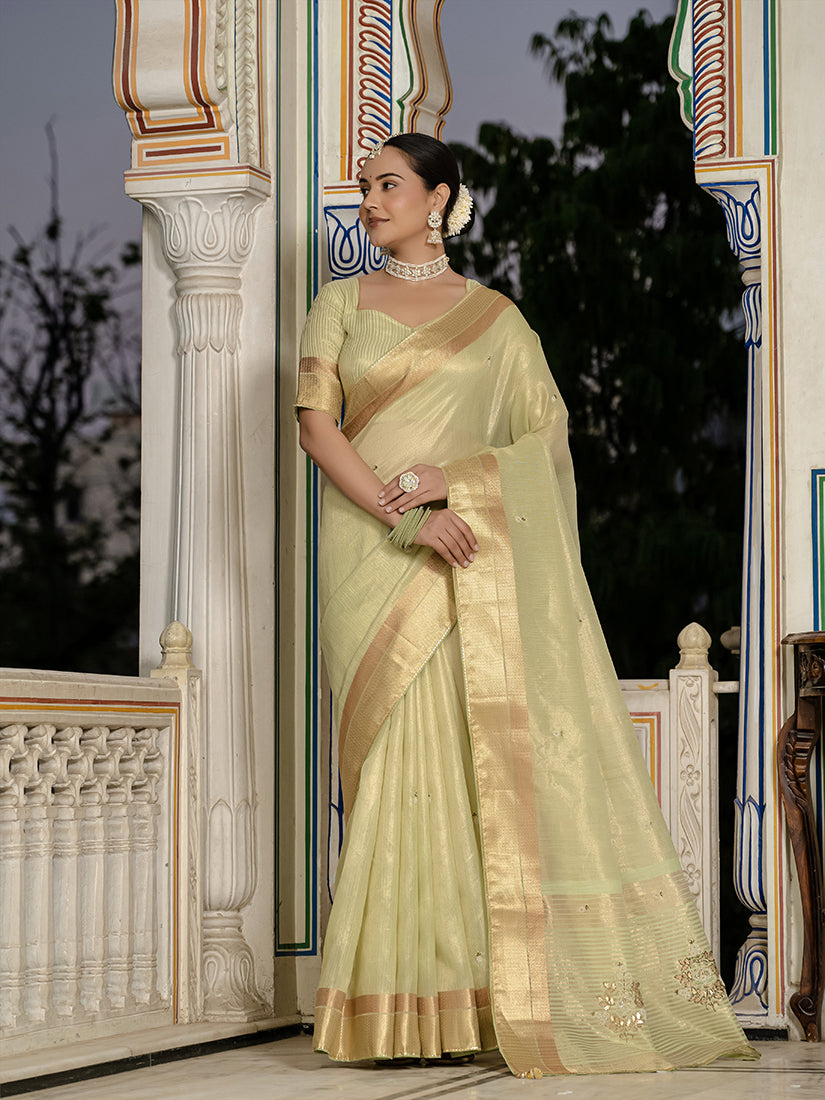 Light Green Tissue Linen Saree with Khatli Hand Work