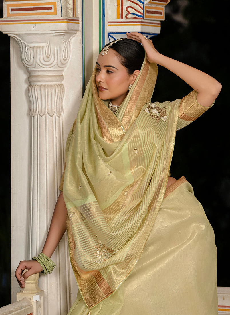 Light Green Tissue Linen Saree with Khatli Hand Work