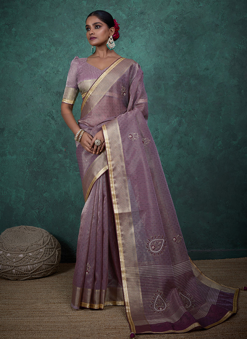 Light Purple Tissue Linen Saree with detailed hand-worked Khatli embroidery