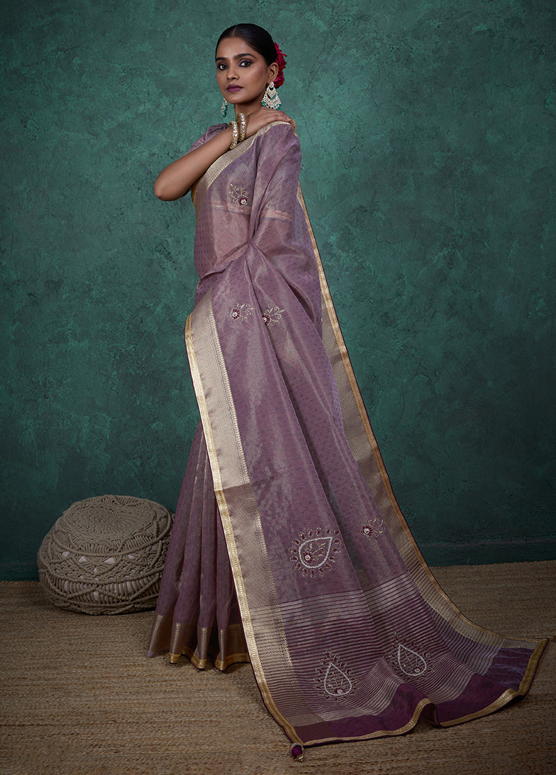 Elegant Light Purple Tissue Linen Khatli Hand Work Saree