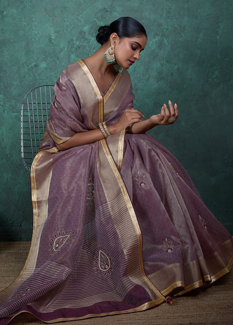Elegant Light Purple Tissue Linen Khatli Hand Work Saree