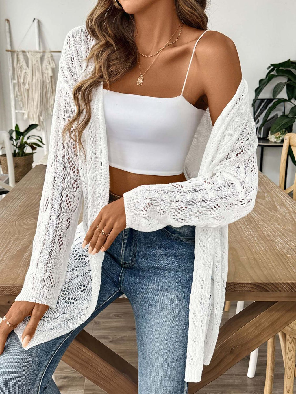 White Openwork Open Front Long Sleeve Cardigan Lightweight Knit - Image 3