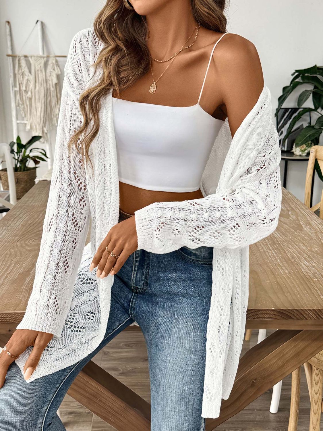 White Openwork Open Front Long Sleeve Cardigan Lightweight Knit - Image 3