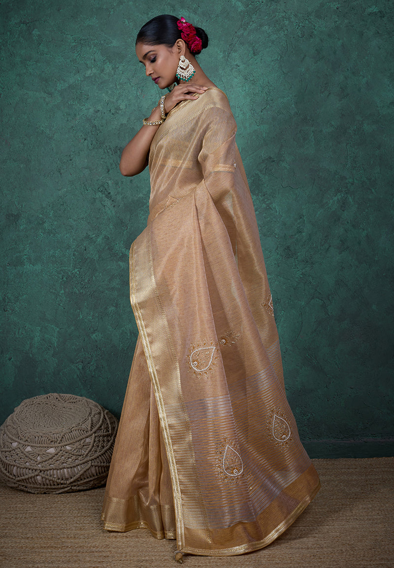 Elegant Beige Tissue Linen saree with delicate Khatli hand embroidery and matching blouse