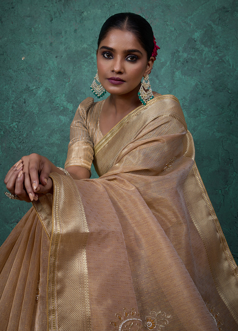 Elegant Beige Tissue Linen Saree with Hand Work Khatli Embroidery
