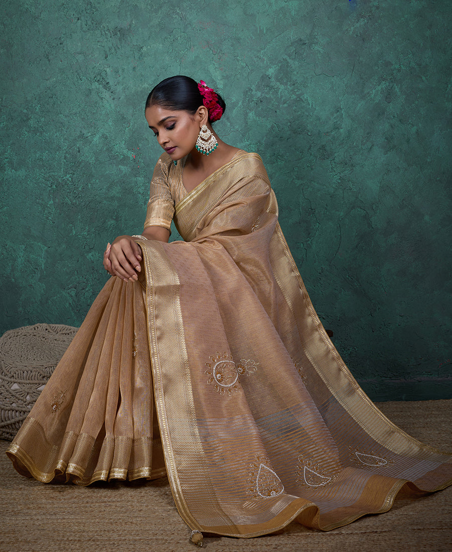 Elegant Beige Tissue Linen Saree with Hand Work Khatli Embroidery