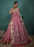 Light Pink Tissue Linen saree featuring detailed Khatli embroidery.