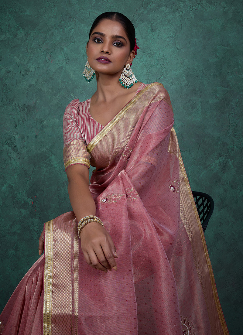 Elegant Light Pink Tissue Linen Khatli Hand Work Saree