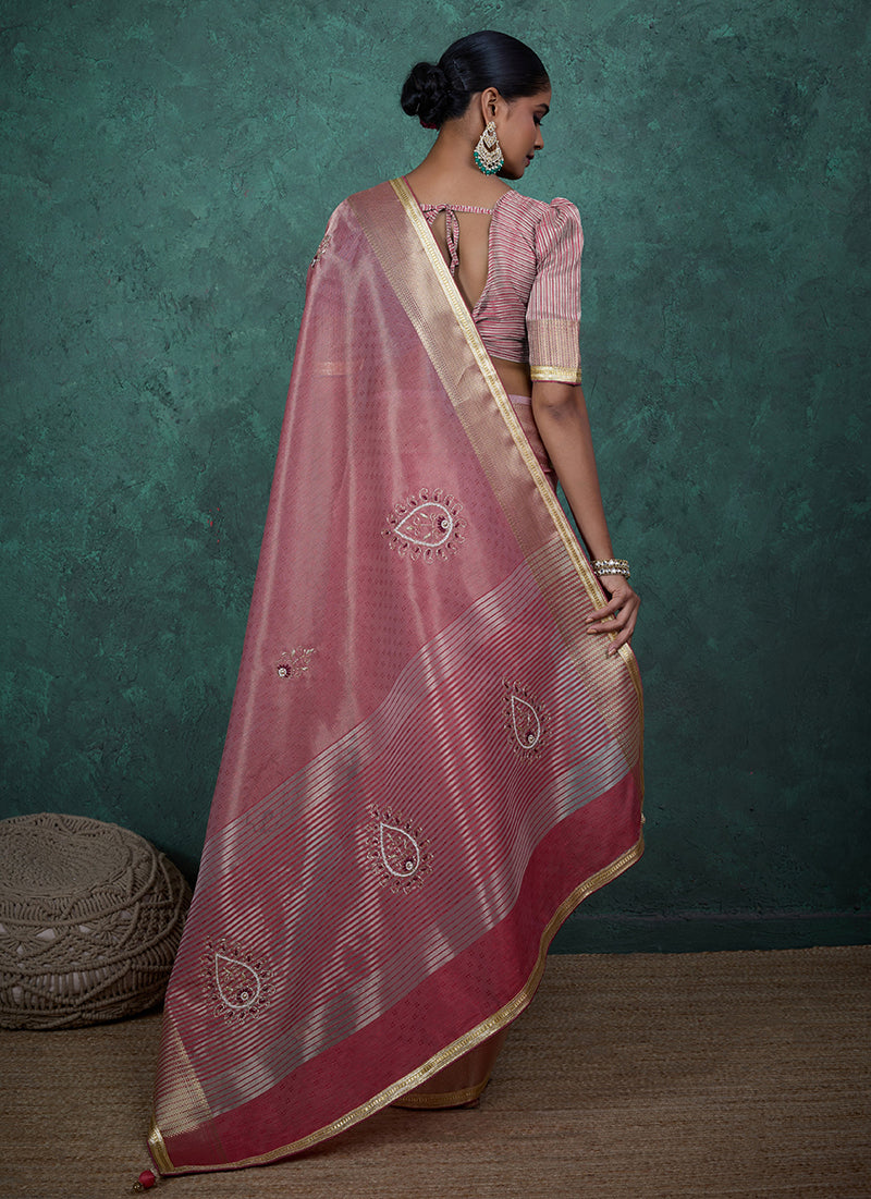 Elegant Light Pink Tissue Linen Khatli Hand Work Saree