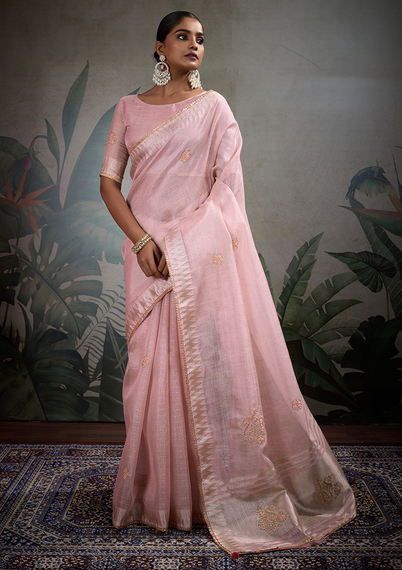 Beautiful Light Pink tissue linen saree with detailed Khatli handwork and matching blouse.