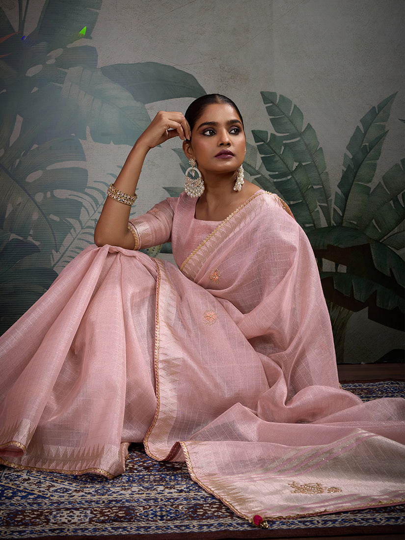 Light Pink Tissue Linen Khatli Hand Work Classic Saree with Blouse