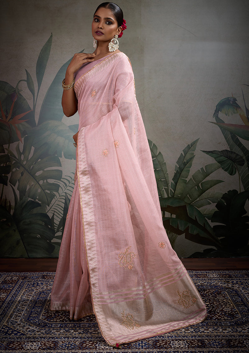Light Pink Tissue Linen Khatli Hand Work Classic Saree with Blouse