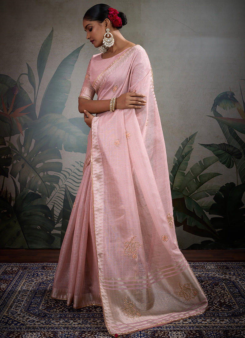 Light Pink Tissue Linen Khatli Hand Work Classic Saree with Blouse