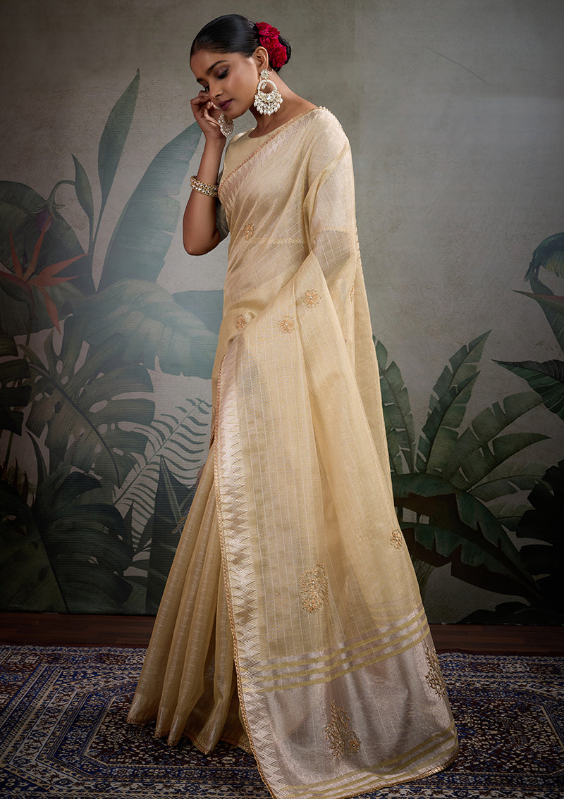 Light Yellow Tissue Linen Khatli Hand Work Classic Saree