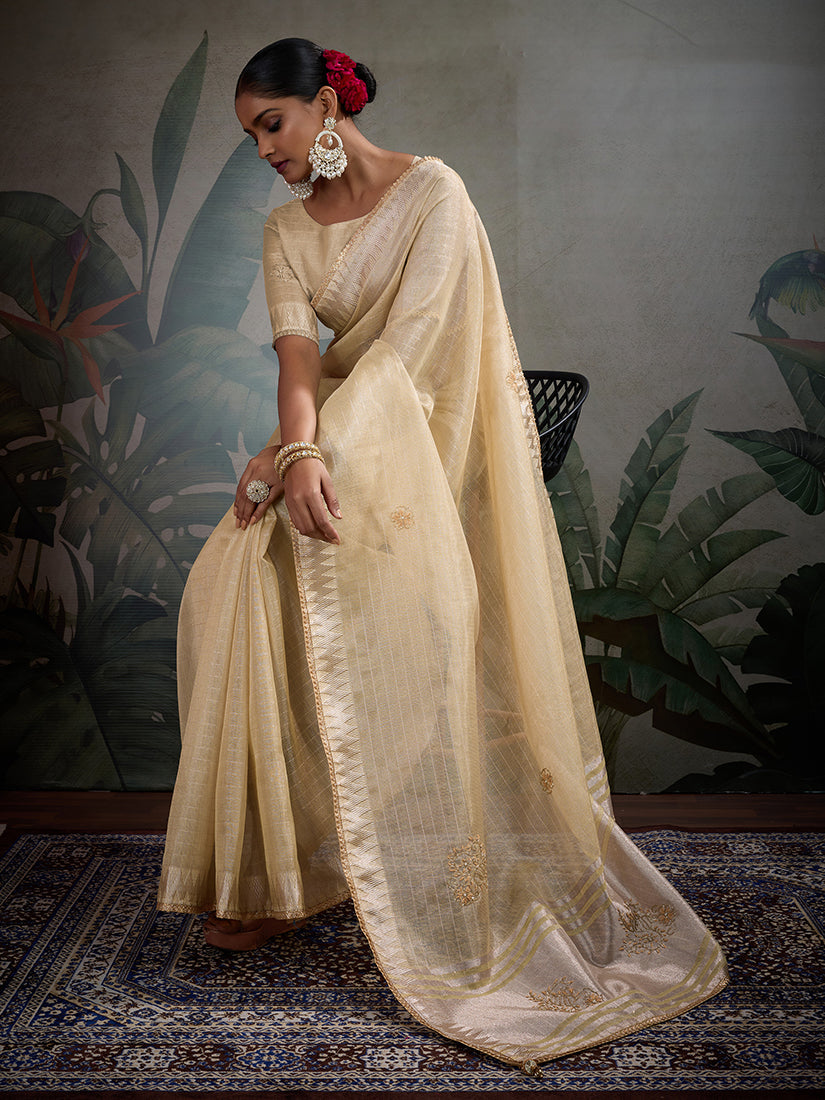 Light Yellow Tissue Linen Khatli Hand Work Classic Saree