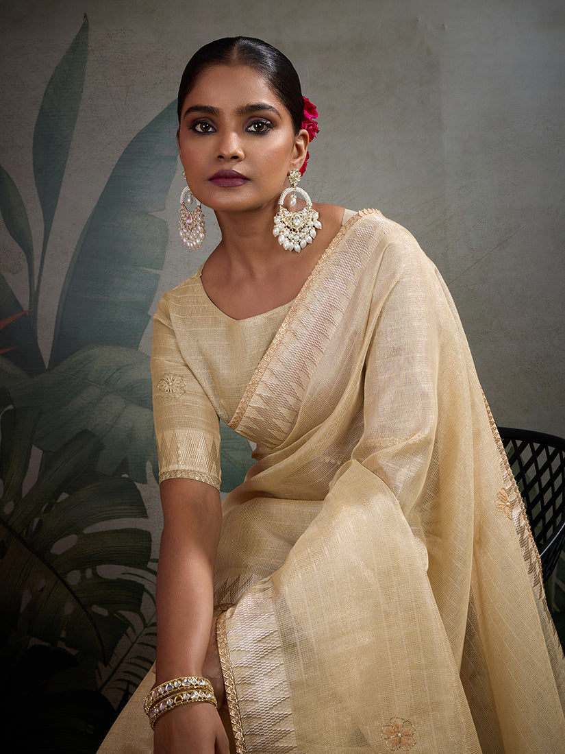 Light Yellow Tissue Linen Khatli Hand Work Classic Saree
