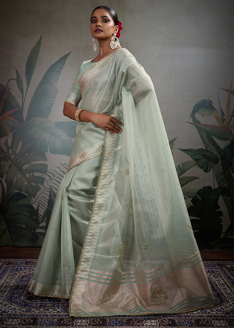 Light Blue Tissue Linen Saree with Khatli Hand Work