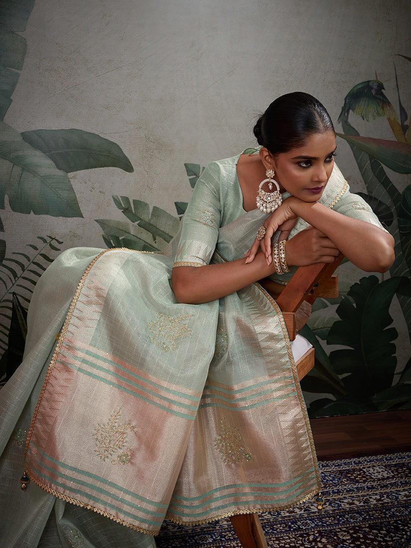 Light Blue Tissue Linen Saree with Khatli Hand Work