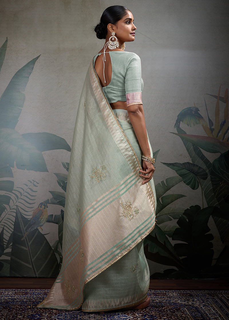 Light Blue Tissue Linen Saree with Khatli Hand Work