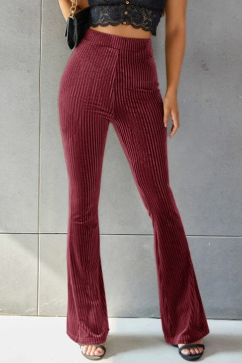 Ribbed High Waist Flare Pants in Grey Velvet