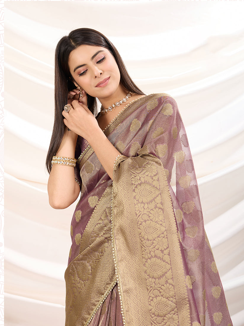 Light Purple Crush Tissue Designer Saree for Festive Wear