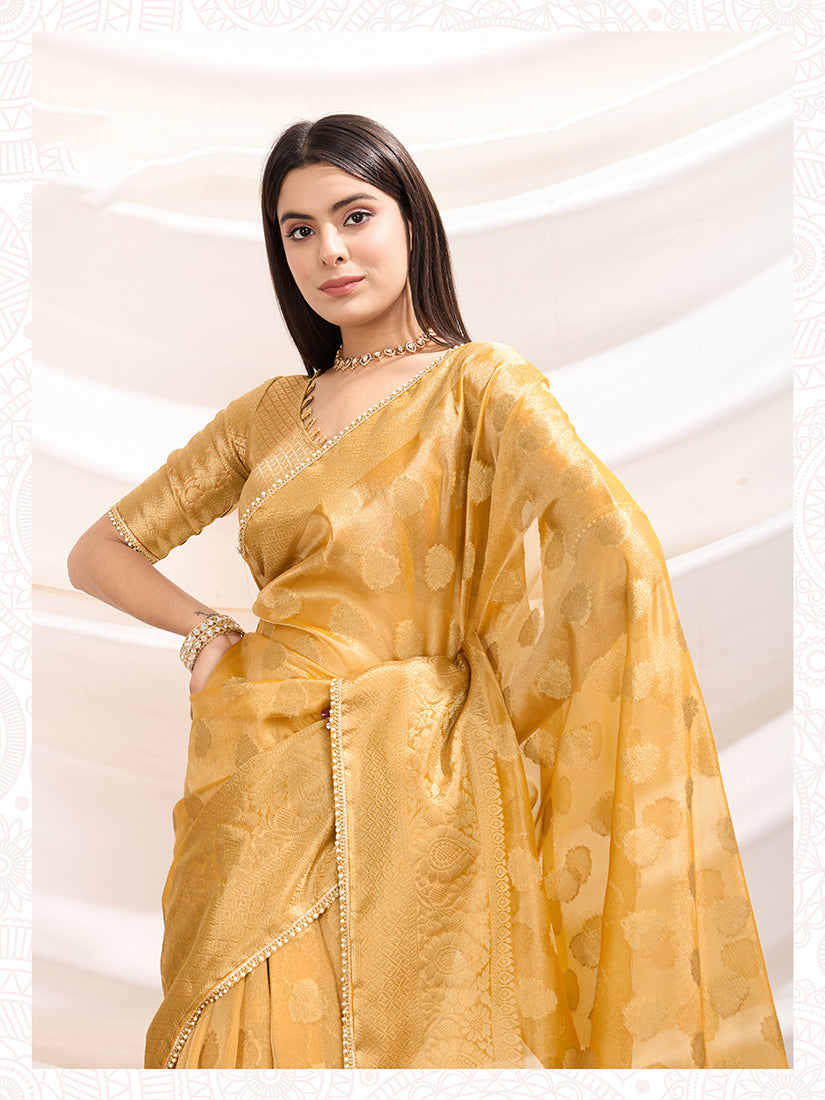 Light Yellow Crush Tissue Saree with Matching Blouse Piece