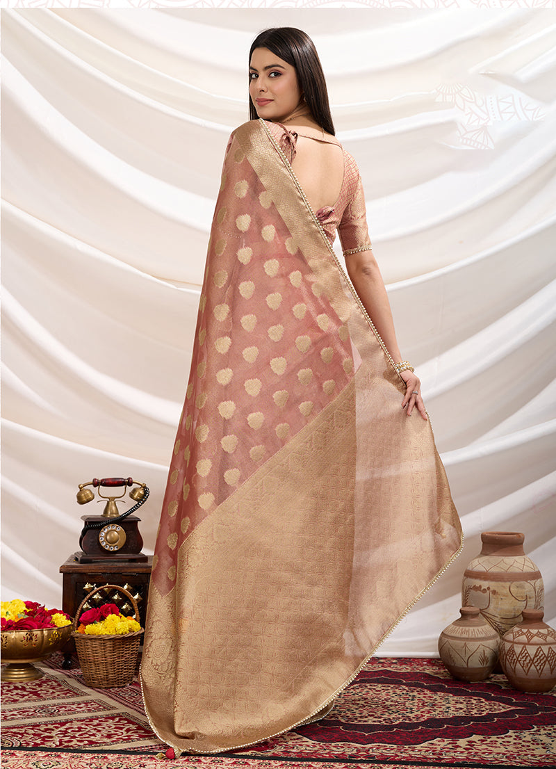 Light Peach Crush Tissue Designer Saree with Matching Blouse