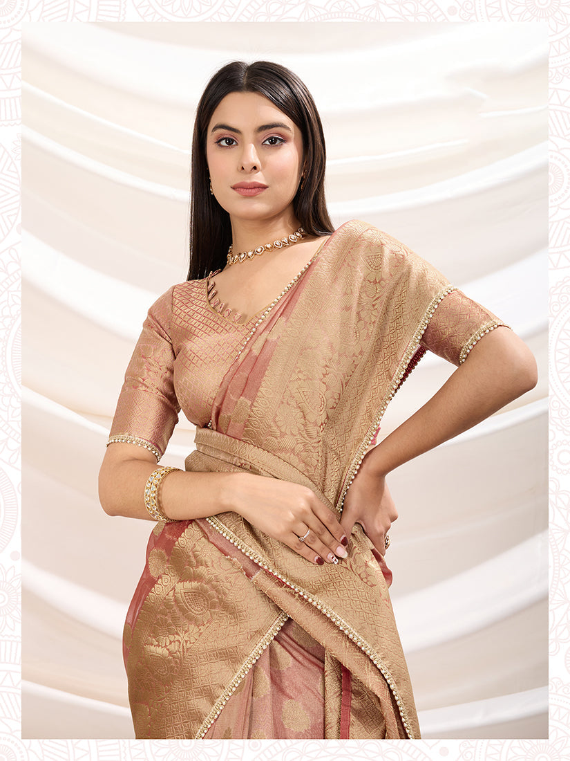 Light Peach Crush Tissue Designer Saree with Matching Blouse