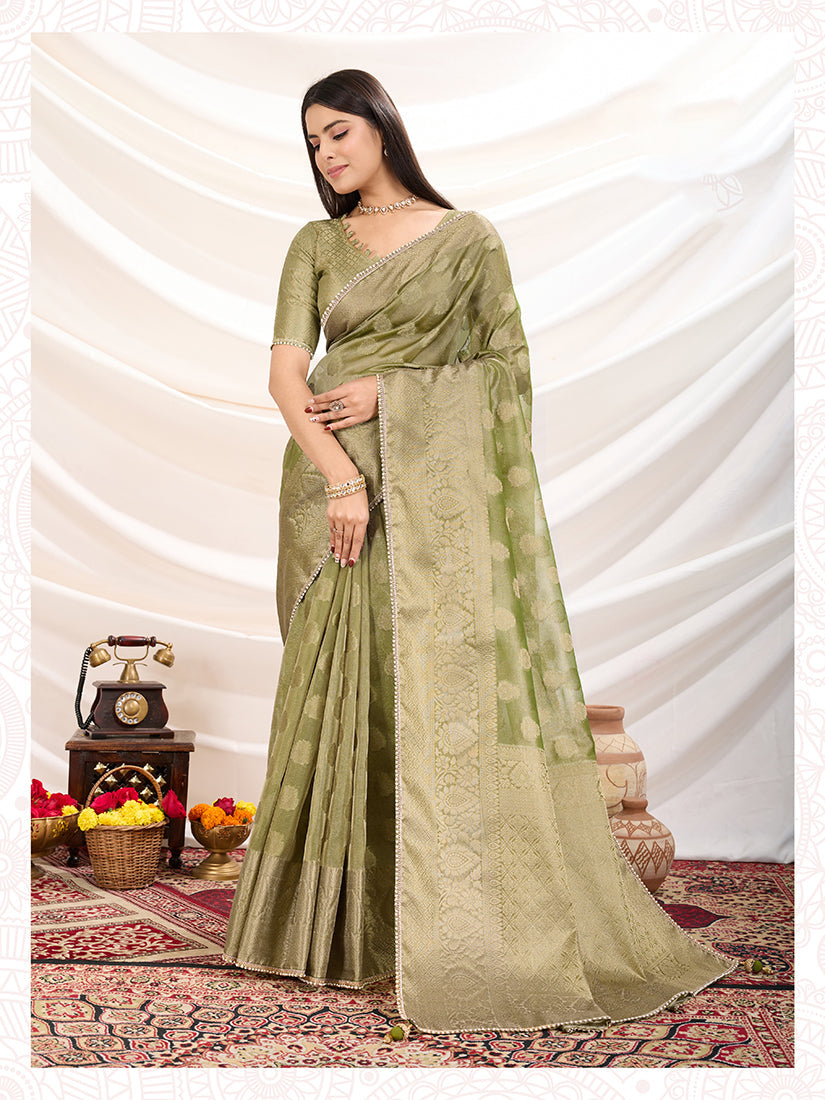 Light Green Crush Tissue Saree with elegant zari woven details and matching blouse