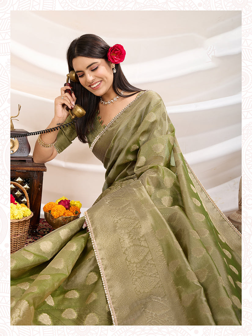 Light Green Crush Tissue Designer Saree with Zari Woven Pattern