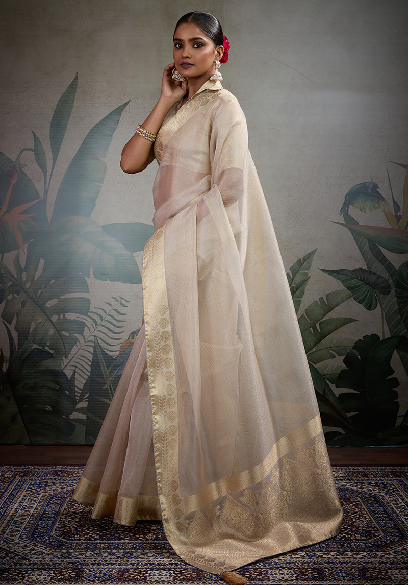 Off White Soft Tissue Silk Saree with Tissue Brocade Blouse