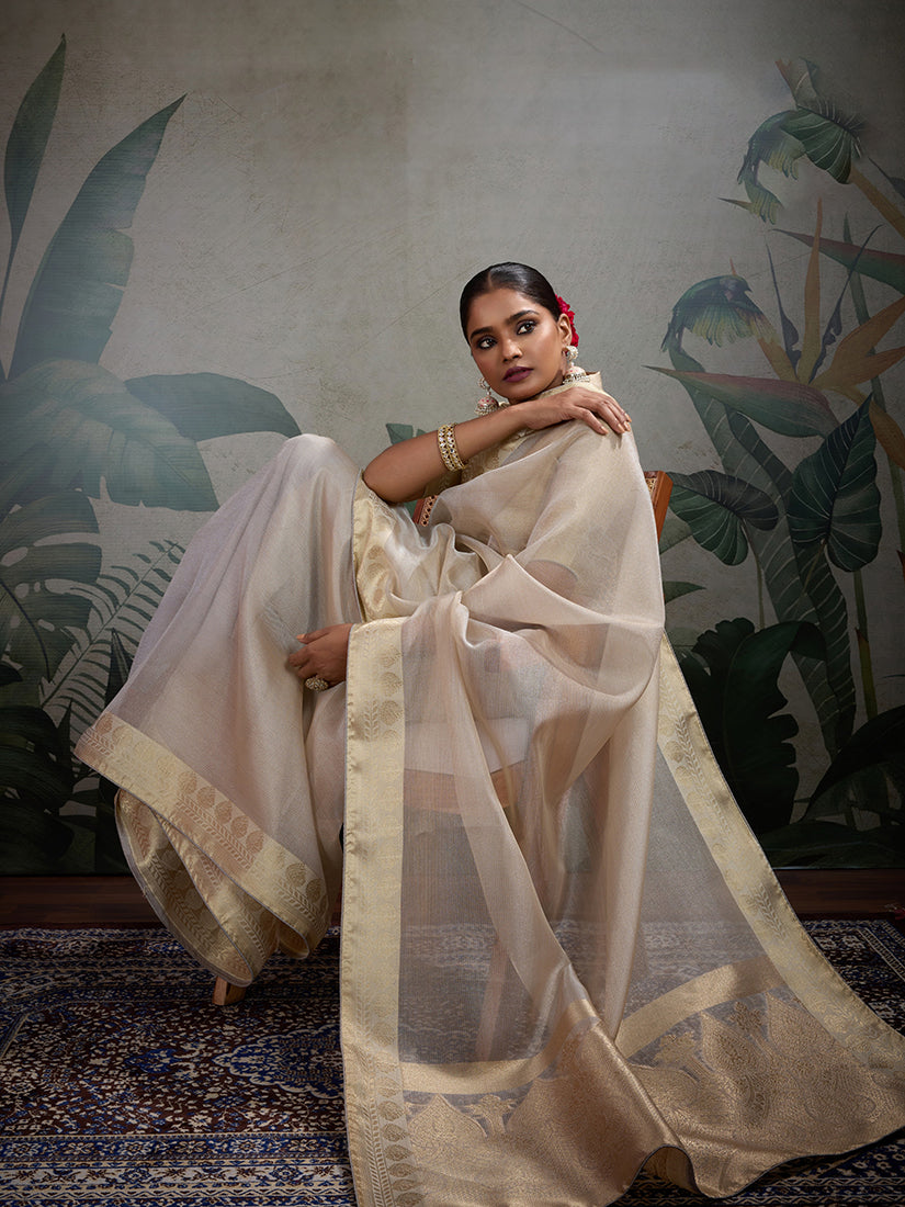 Off White Soft Tissue Silk Saree with Tissue Brocade Blouse