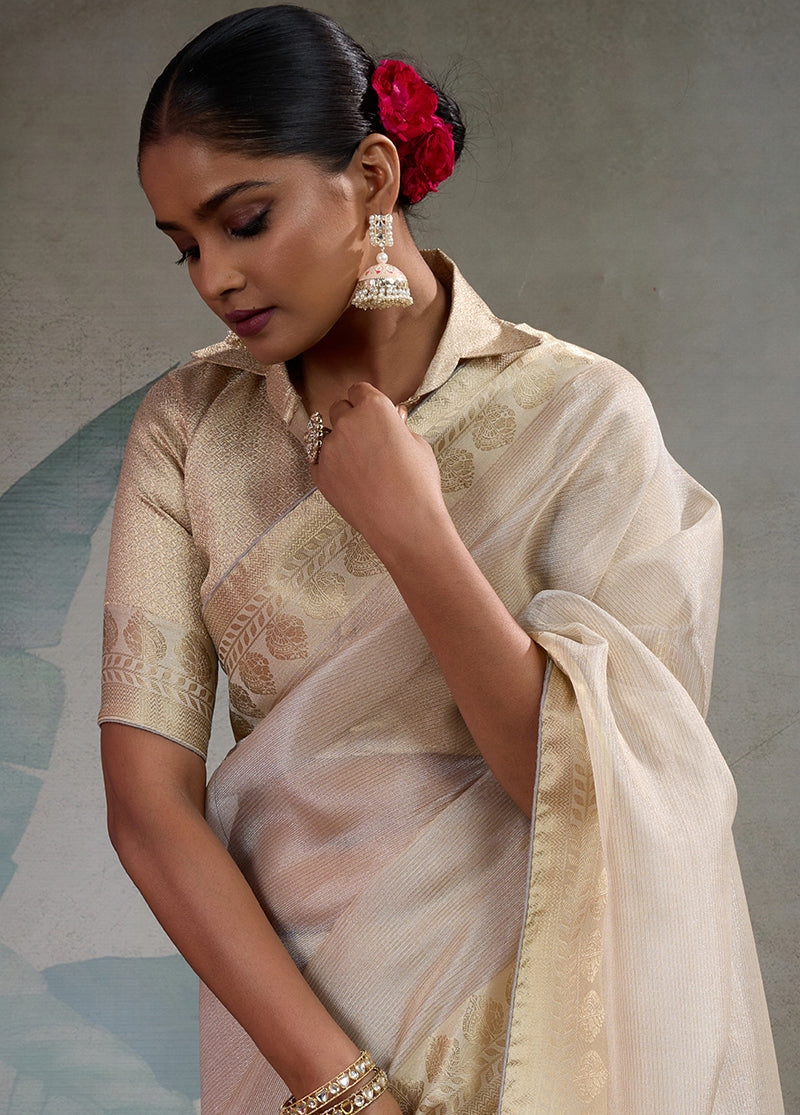 Off White Soft Tissue Silk Saree with Tissue Brocade Blouse