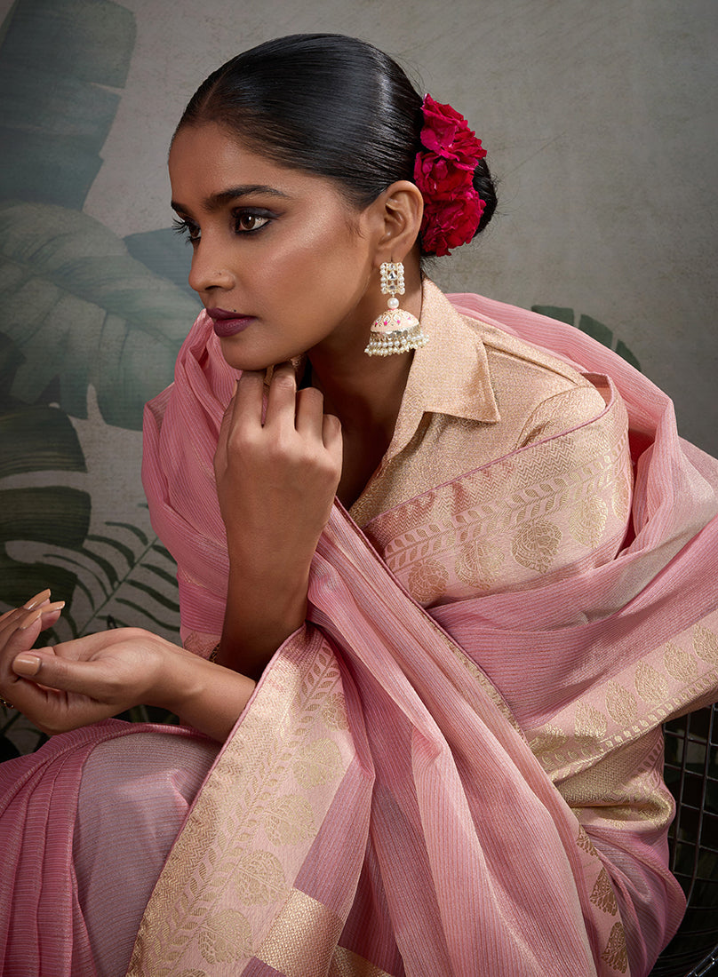 Moiety Light Pink Soft Tissue Silk Saree with Brocade Blouse