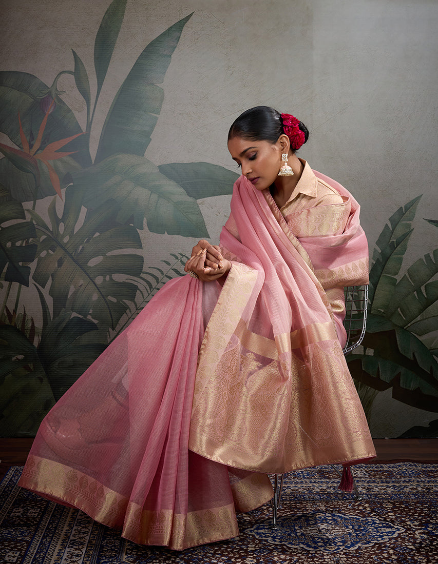 Moiety Light Pink Soft Tissue Silk Saree with Brocade Blouse