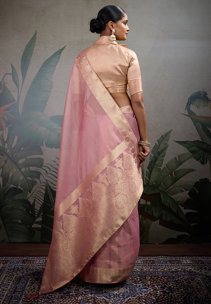 Moiety Light Pink Soft Tissue Silk Saree with Brocade Blouse