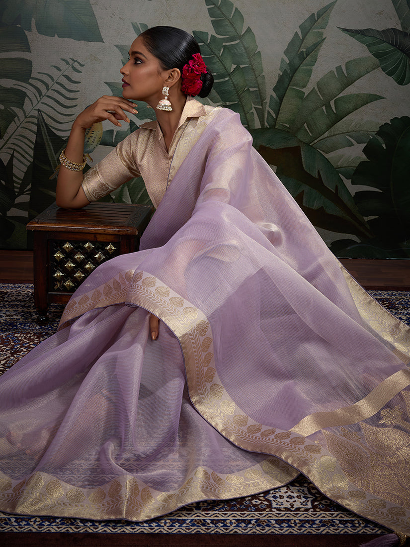 Light Purple Soft Tissue Silk Saree with Brocade Blouse Piece