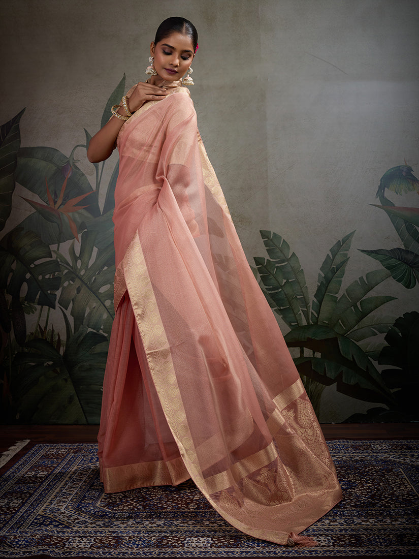Moiety Light Peach Soft Tissue Silk Saree with Brocade Blouse