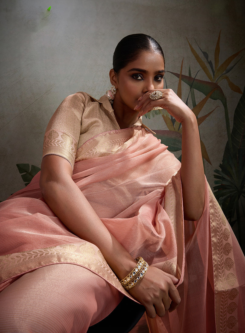 Moiety Light Peach Soft Tissue Silk Saree with Brocade Blouse