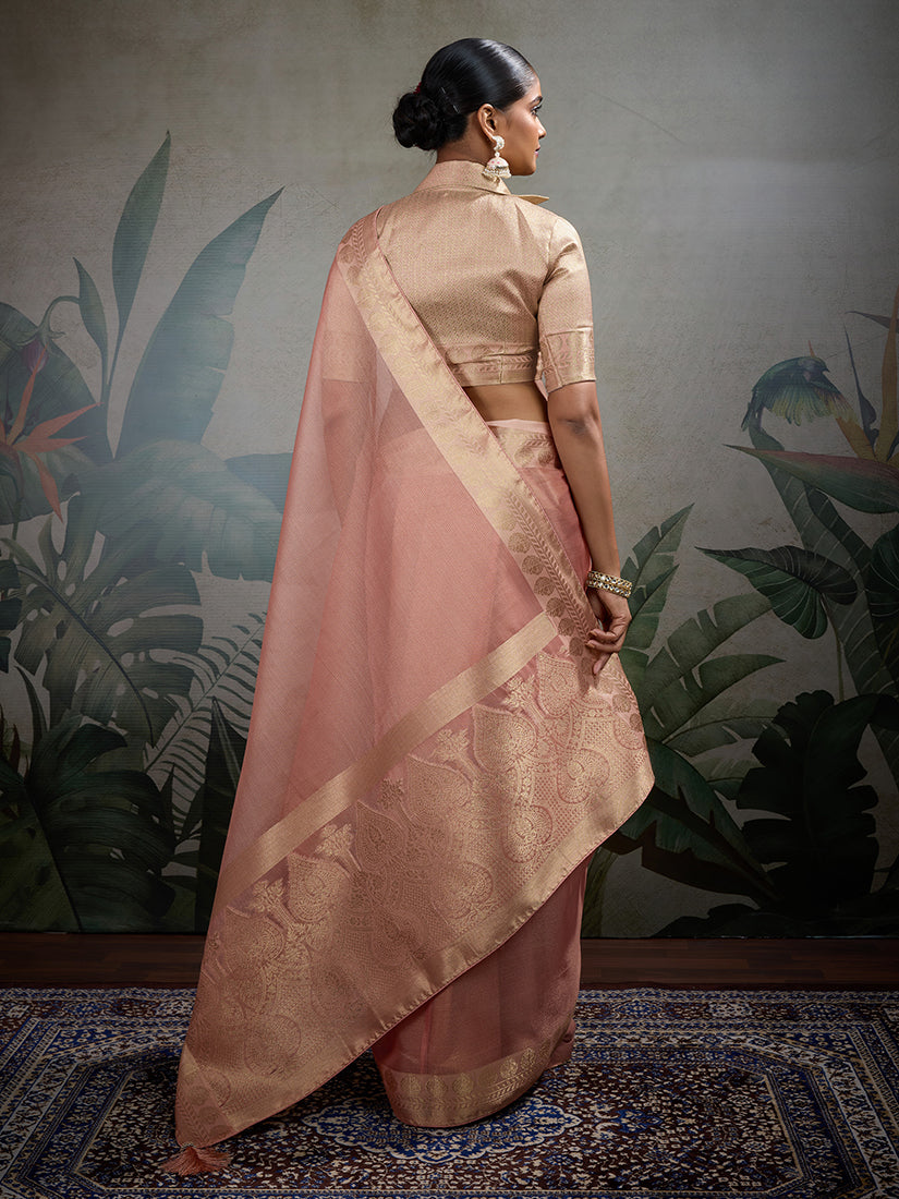 Moiety Light Peach Soft Tissue Silk Saree with Brocade Blouse