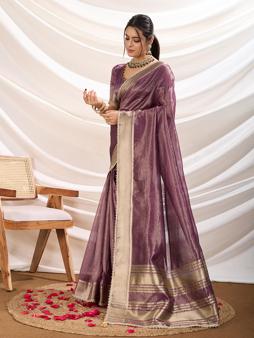 Plum Soft Linen Tissue Designer Border Work Saree