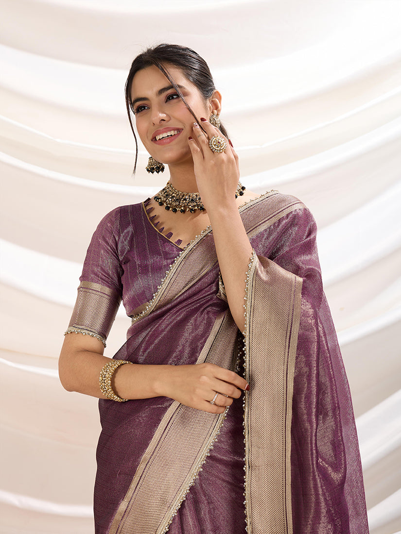 Plum Soft Linen Tissue Designer Border Work Saree