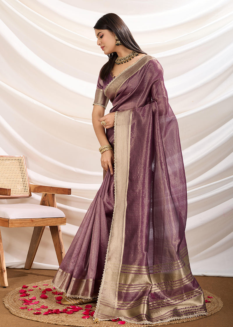 Plum Soft Linen Tissue Designer Border Work Saree
