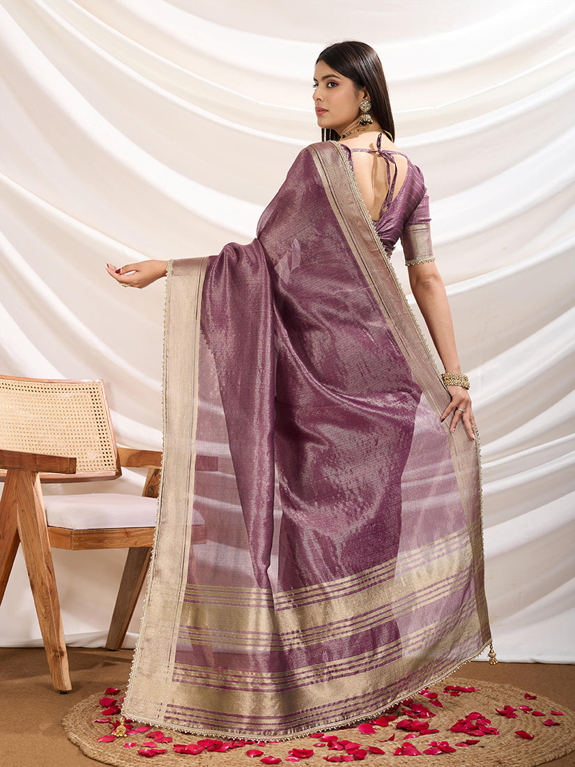 Plum Soft Linen Tissue Designer Border Work Saree