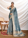 Aqua Blue Soft Linen Tissue Saree with a designer border and matching blouse