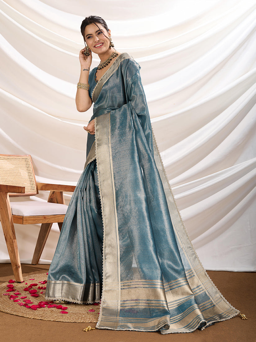 Aqua Blue Soft Linen Tissue Designer Border Work Saree