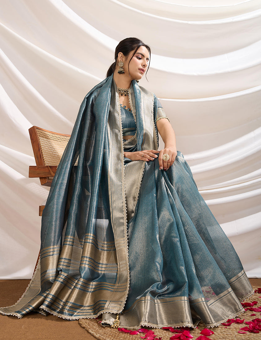 Aqua Blue Soft Linen Tissue Designer Border Work Saree